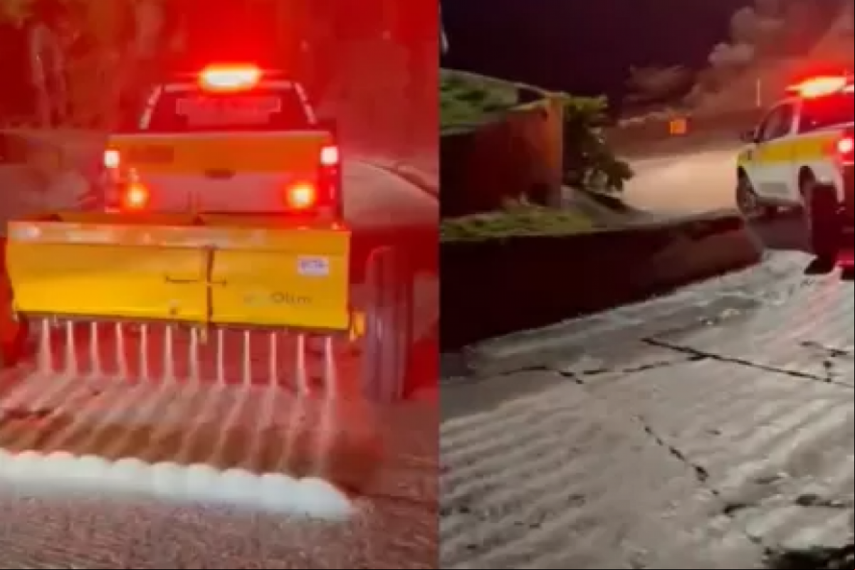 Agentes da Polícia Rodoviária usaram técnica para evitar congelamento de pista em SC Imagem
